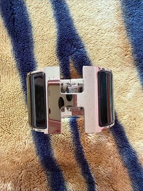 Hermes La Maison Black Enamel and Palladium 'H' Cuff Bracelet